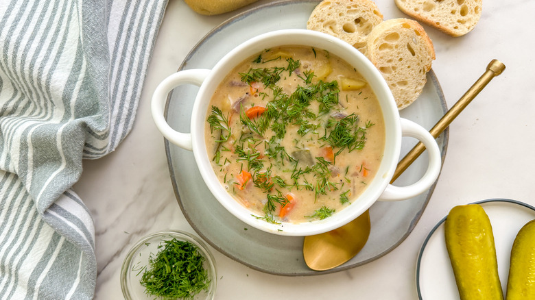 bowl of soup with bread