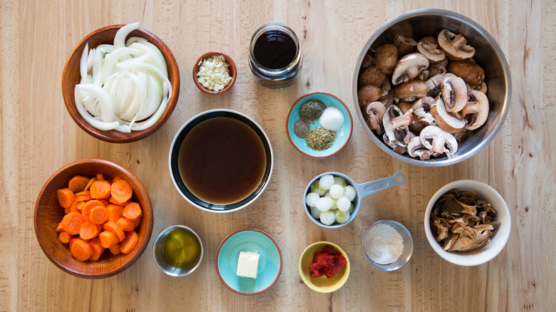 mushroom Bourguignon ingredients on table