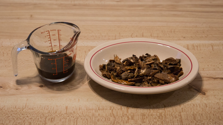 strained porcini mushrooms and liquid