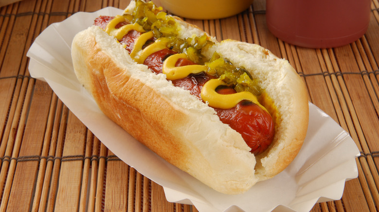 Hot dog with mustard and relish