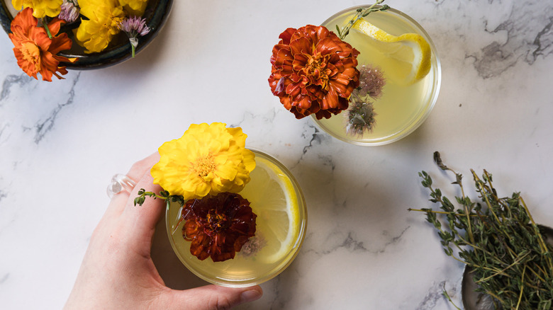 A hand taking one of two glasses with a yellow liquid, flowers and thyme and lemon slices