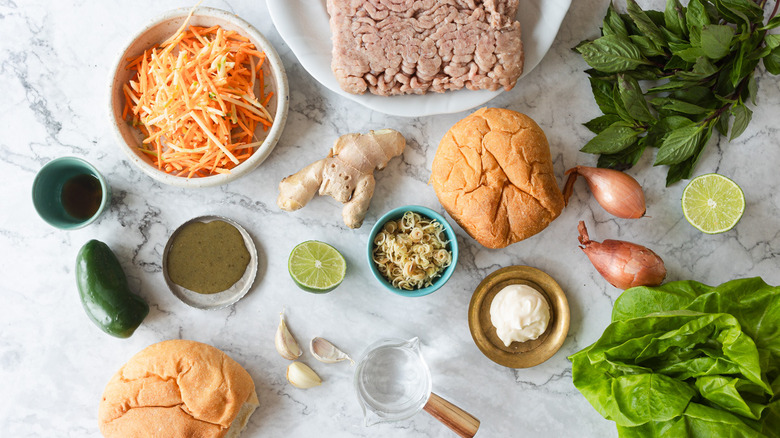 ingredients for Thai turkey burgers on marble counter