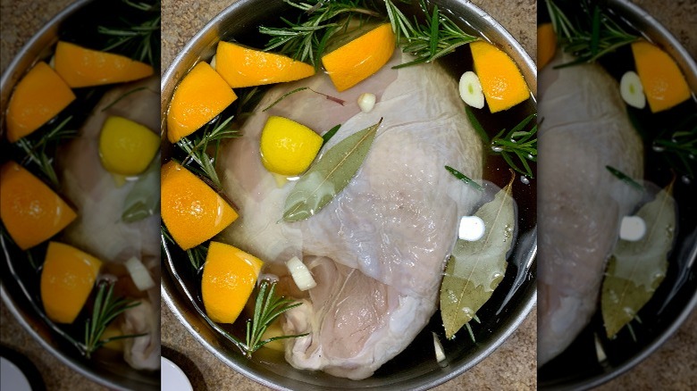 Turkey in brining liquid with orange slices, lemon, bay, and rosemary