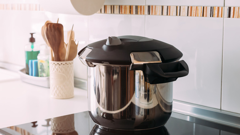 Modern pressure cooker on a stove