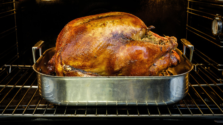 Cooked stuffed turkey in a roasting pan in the oven