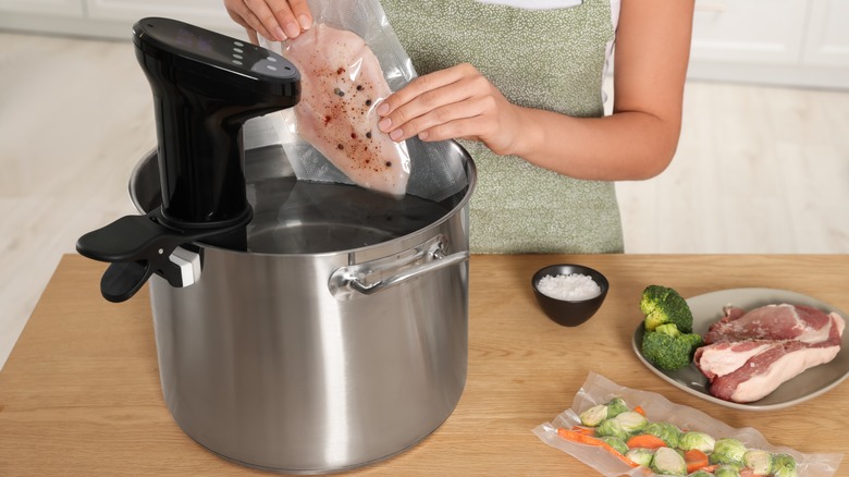 Person placing a sealed bag with meat in a sous vide pot