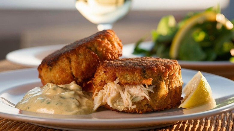 Two crab cakes on white plate with sauce and lemon