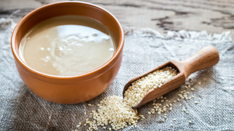 Bowl of tahini with sesame seeds