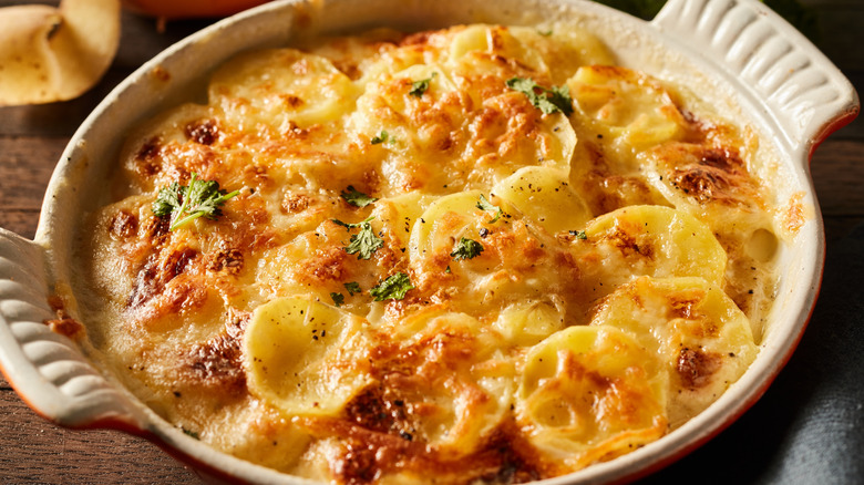 Scalloped potatoes in baking dish