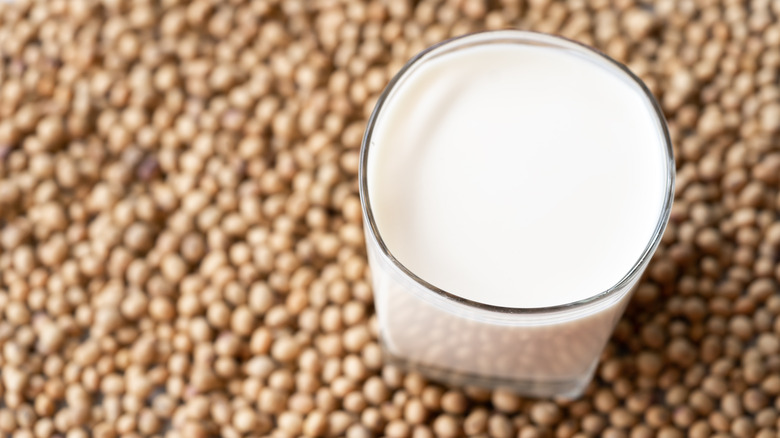 Glass of soy milk with soybeans