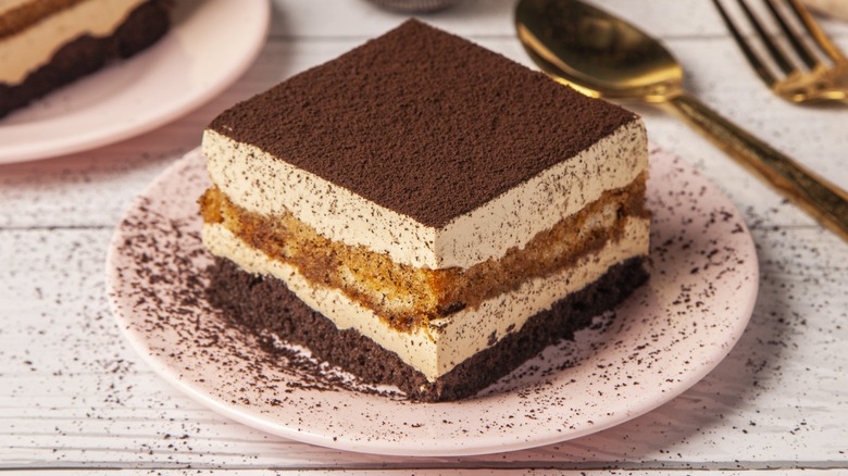 Tiramisu slice with cocoa powder