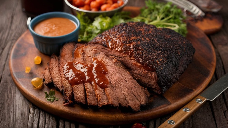 Brisket, barbecue sauce, and broccoli