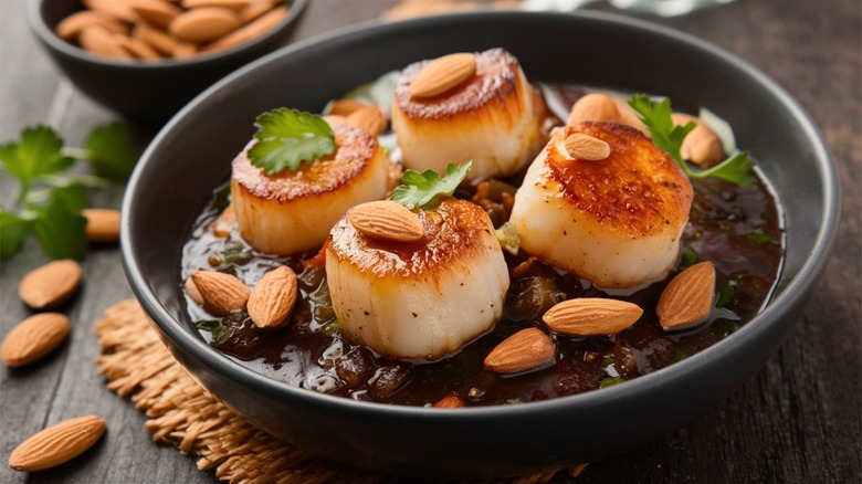 scallops with almonds on plate