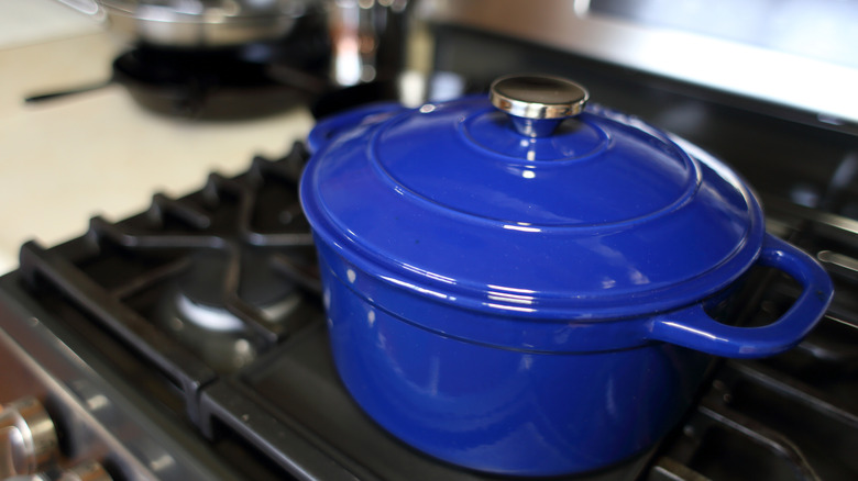 Blue Dutch oven on stove