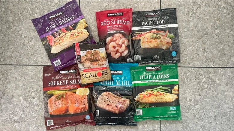 packages of various Costco's Kirkland Signature frozen seafood