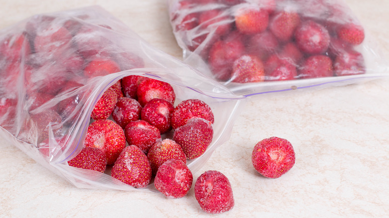 Frozen strawberries in freezer bags