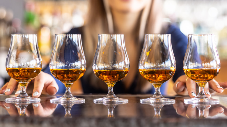 row of bourbon tasting glasses