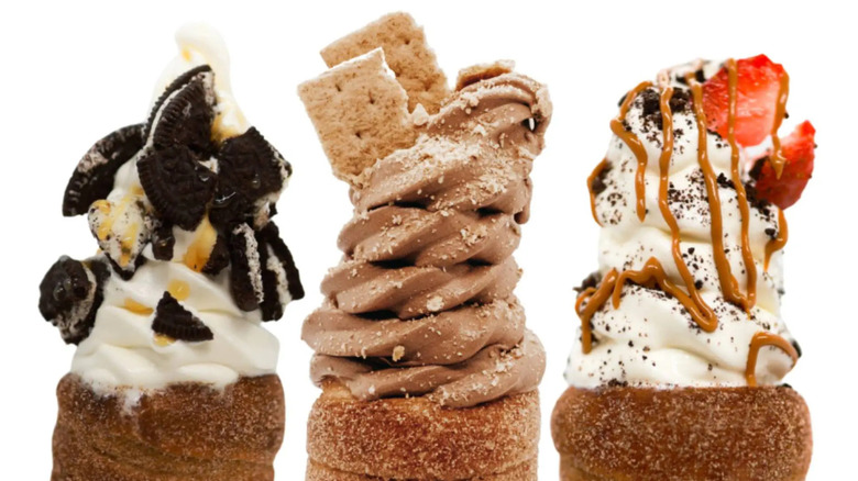 Soft serve ice cream cones with toppings