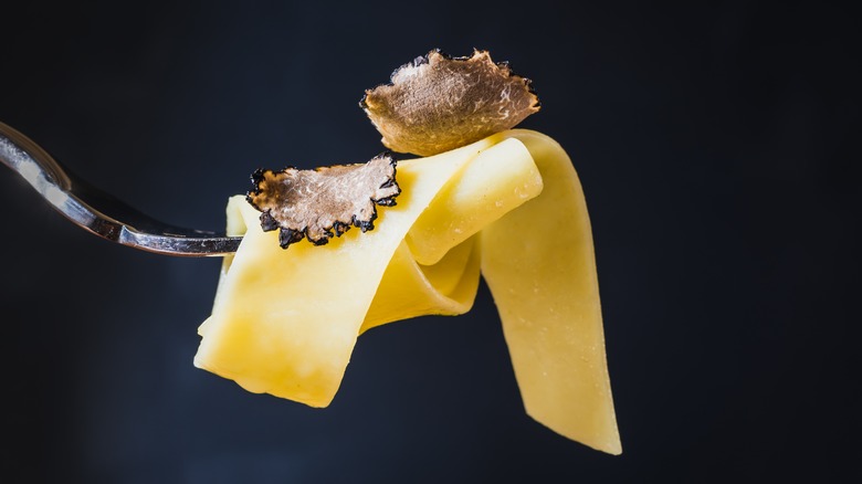 Fresh truffle slices sitting on handmade pasta