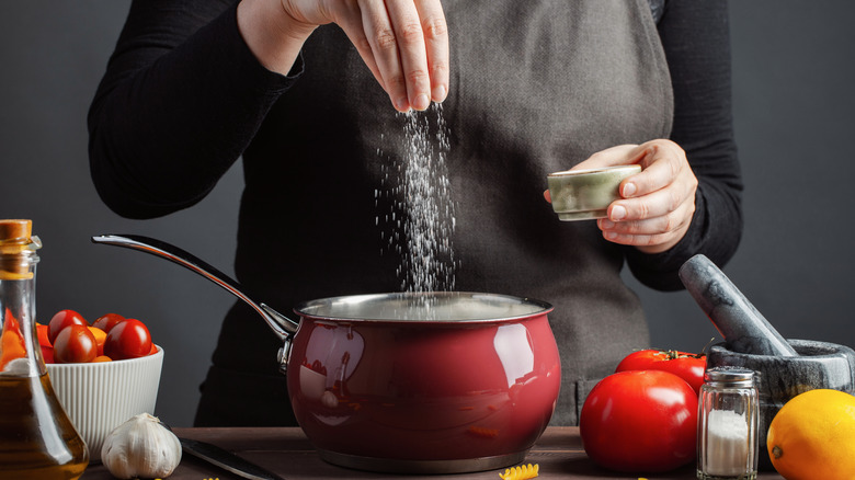 chef sprinkling seasoning into pot