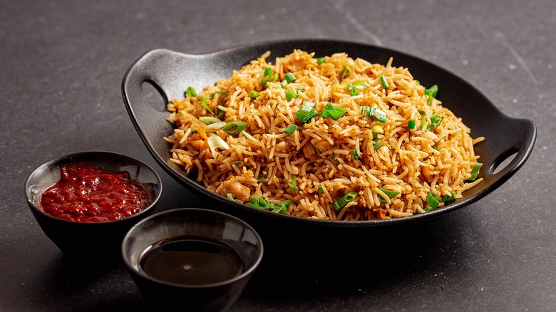 Fried rice with scallions and sauces