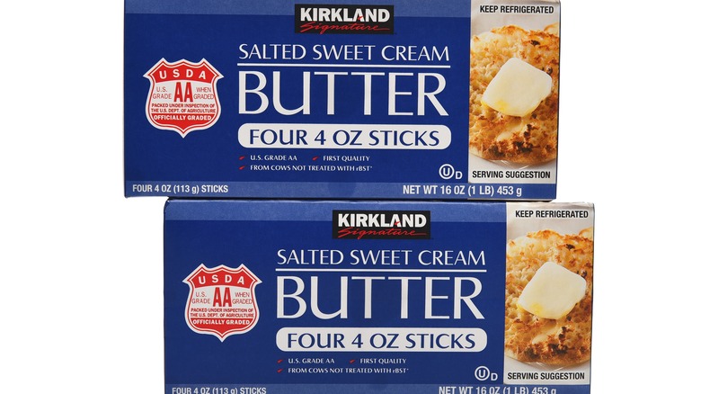 Two Kirkland Signature salted sweet cream butter packages