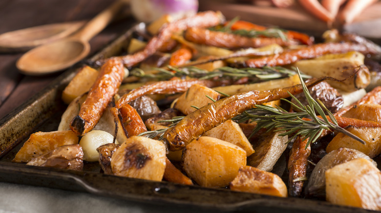 A sheet pan of mixed roasted vegetables