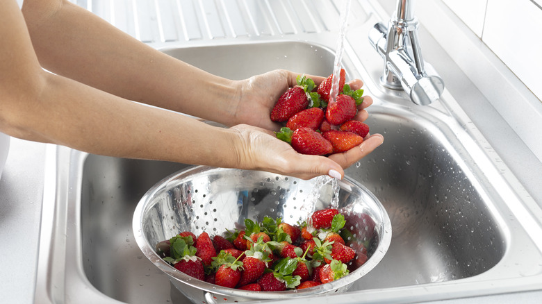 Person holding strawberries under running faucet