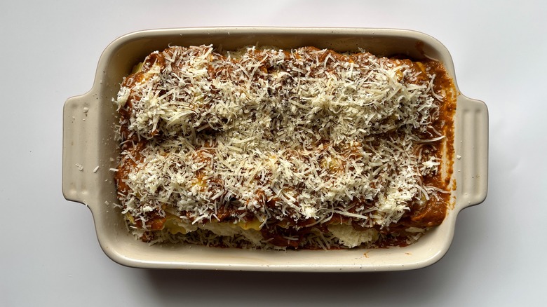 ravioli lasagna topped with cheese