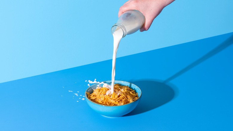 milk being poured into a bowl of cereal on a blue background