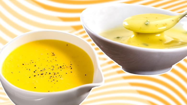 White dishes of hollandaise and bearnaise sauces