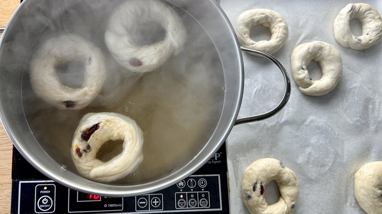 bagel dough in hot water