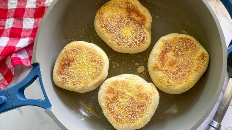 english muffins in frying pan