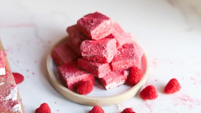 Stack of red raspberry marshmallows