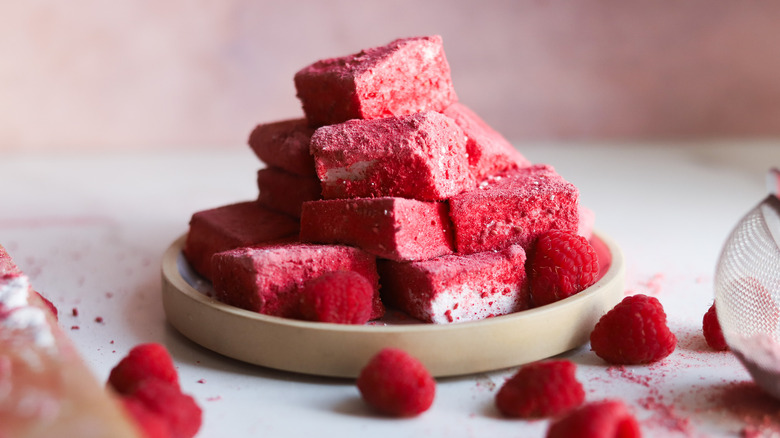 Plate of red raspberry marshmallows