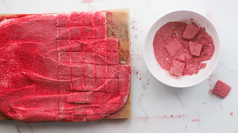 Marshmallow squares in raspberry dust