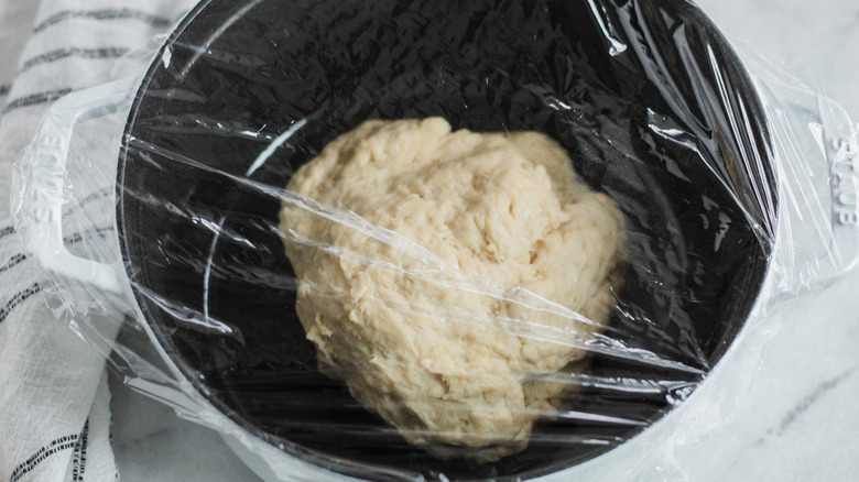 plastic wrap-covered bread dough