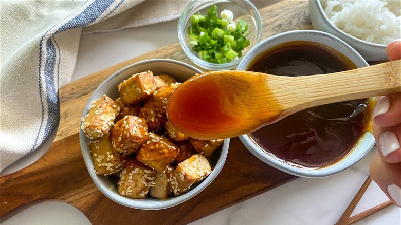 sauce poured on tofu