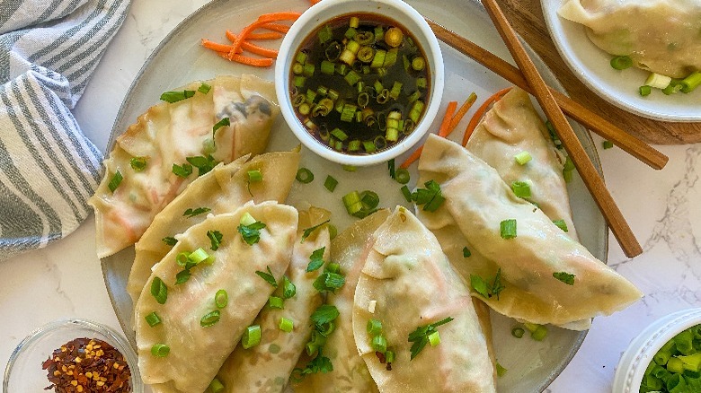 potstickers on plate with sauce