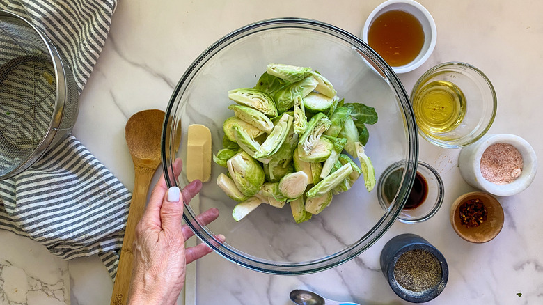 bowl of Brussels sprouts with ingredients