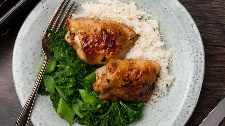 chicken thighs, rice, and greens