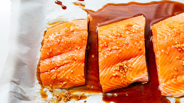 glazed salmon on baking tray