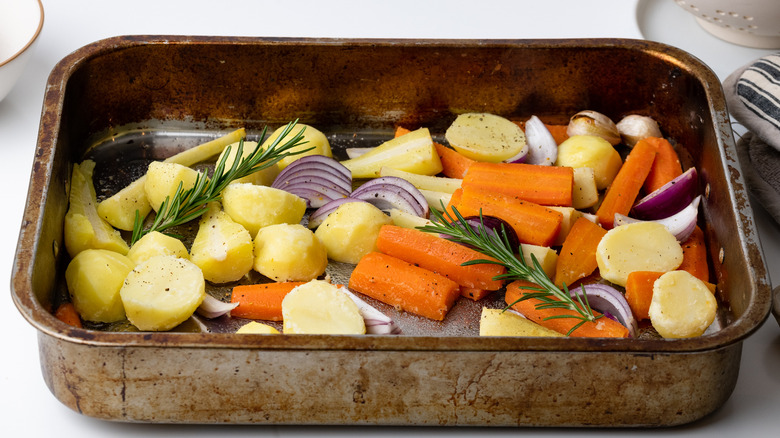 root vegetables on oven tray