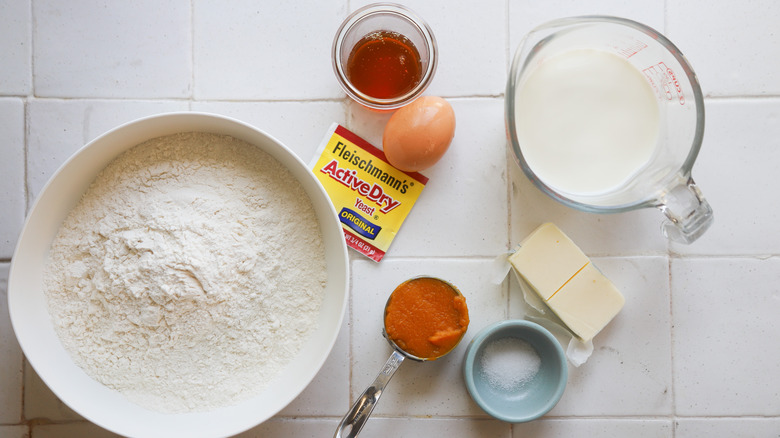 Ingredients for honey pumpkin dinner rolls