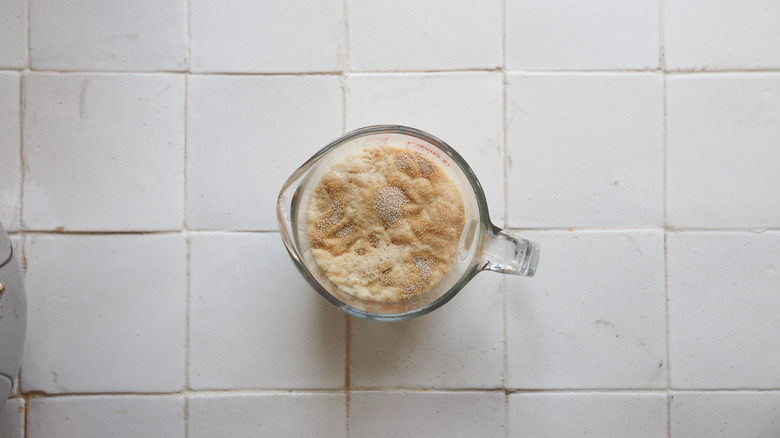 Mixing cup with bloomed yeast