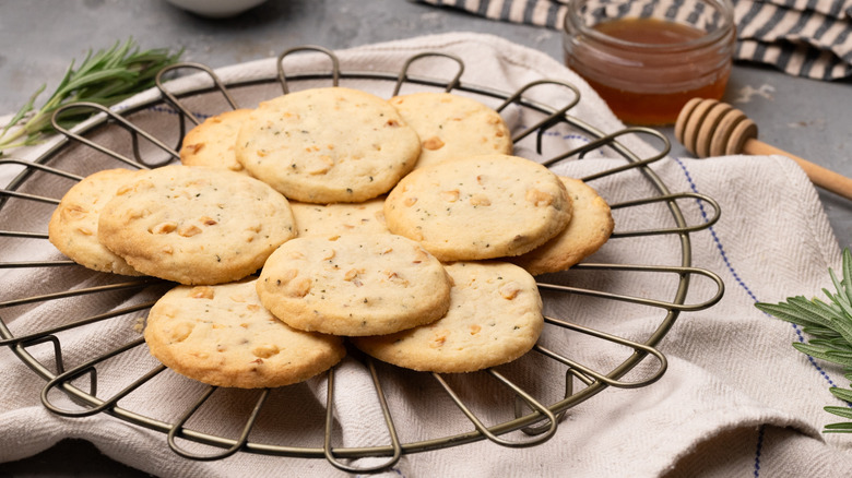 honey rosemary hazelnut shortbread on wire serving tray