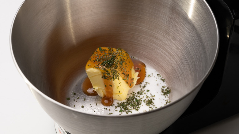 mixing bowl with shortbread ingredients