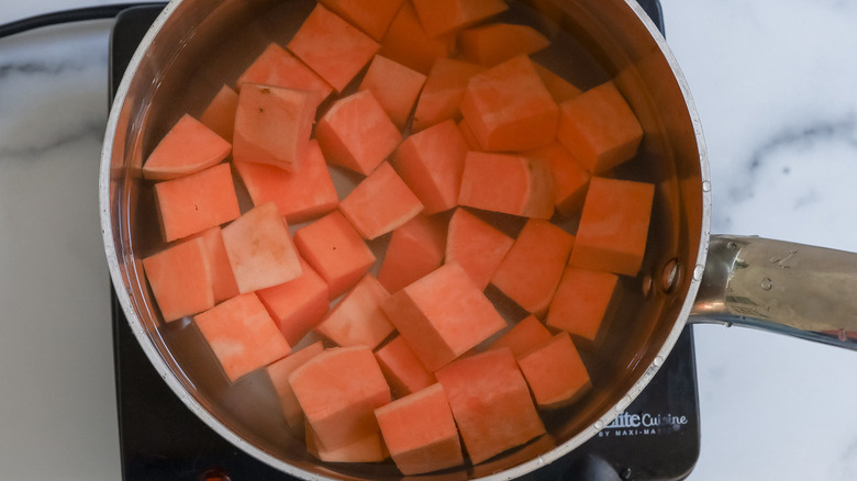 sweet potato chunks in pot