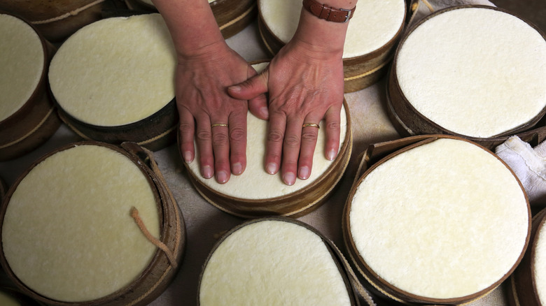 hands pressing cheese into mold