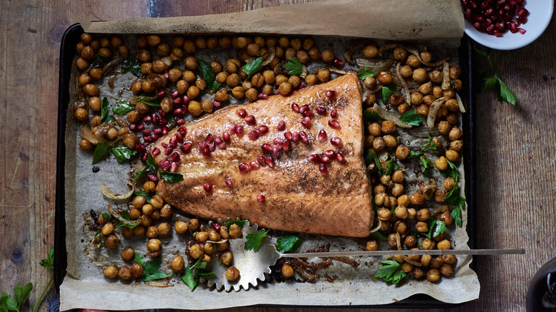 baked salmon on sheet tray